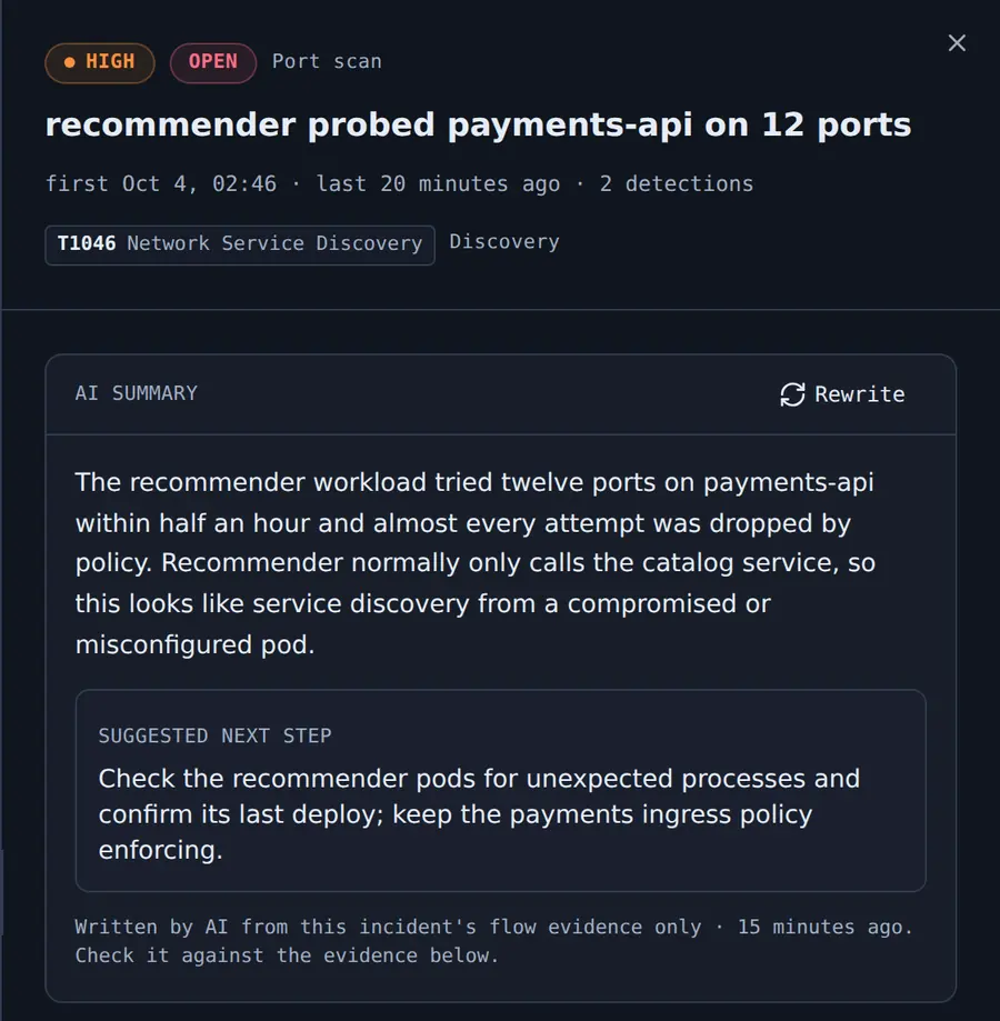 A high-severity port-scan incident mapped to MITRE ATT&CK technique T1046, with an AI-written summary based on the incident's flow evidence and a suggested next step.